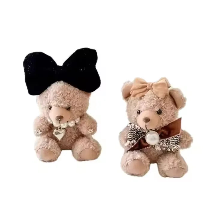 New Pearl Bowknot Teddy Bear Plush Charm Keychain Doll Keyring Pendant Animal Phone Key Chain Stuffed Toys Bag Hanging for Women
