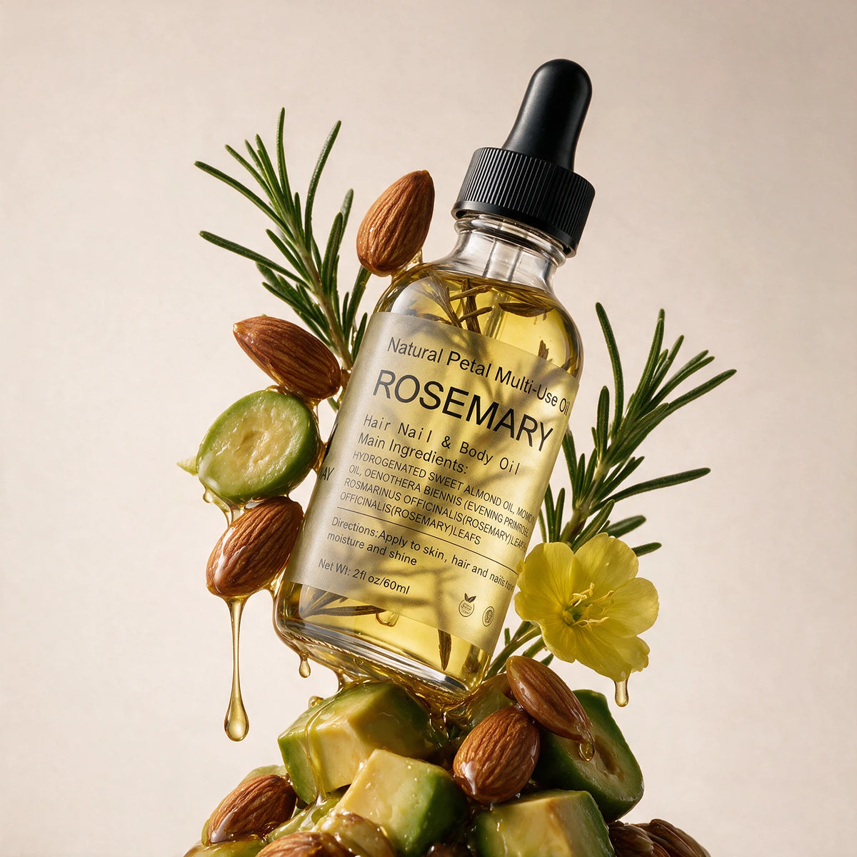 Glass Dropper Bottle Private Label Multi Use Rosemary Beauty Oil Plant Based Massage Hair Body Nail Oil MegaBDM