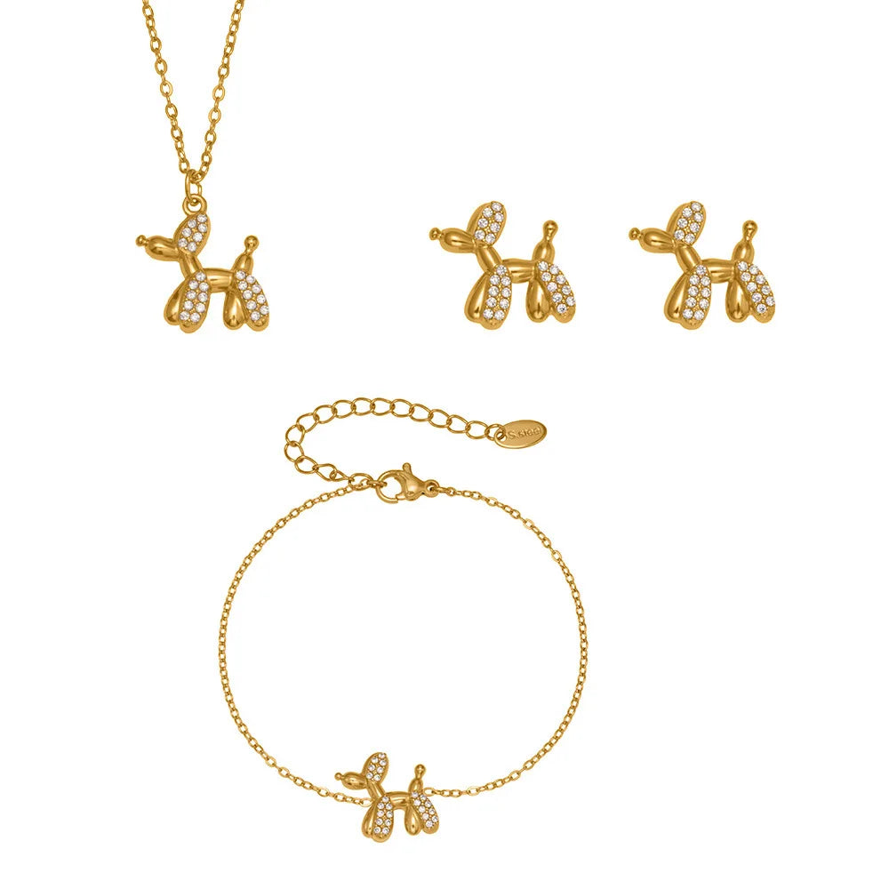 Cute Balloon Dog 3 Piece Jewelry Set Micro-Pavé Cubic Zirconia Stainless Steel Necklace Earrings Bracelet MegaBDM