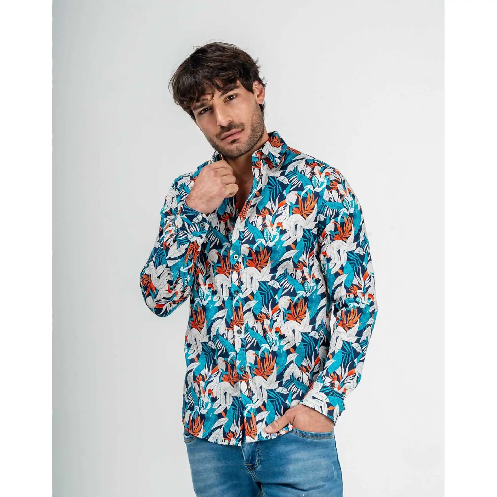 Imperio Shop Casual Breathable Slim-Fit Floral Men's Blue Long-Sleeved Shirt Size S