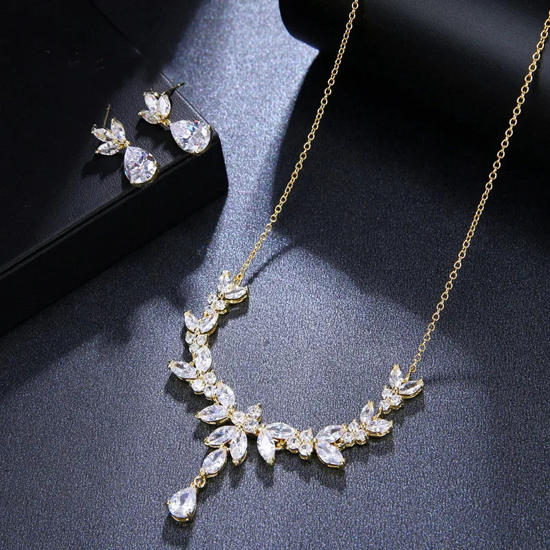 Wholesale Cubic Zirconia Wedding Jewelry Bridal Gold Bride Earrings Set and Necklace
