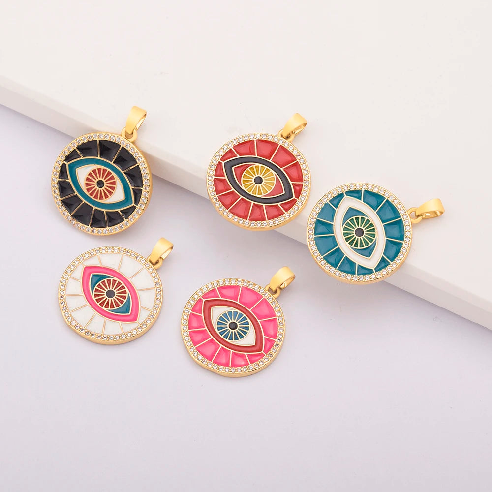 QIKU Wholesale Gold Plated Eye Pendant Set Colorful Enamel & Cubic Zirconia Design Fashion Jewelry for Necklace Making