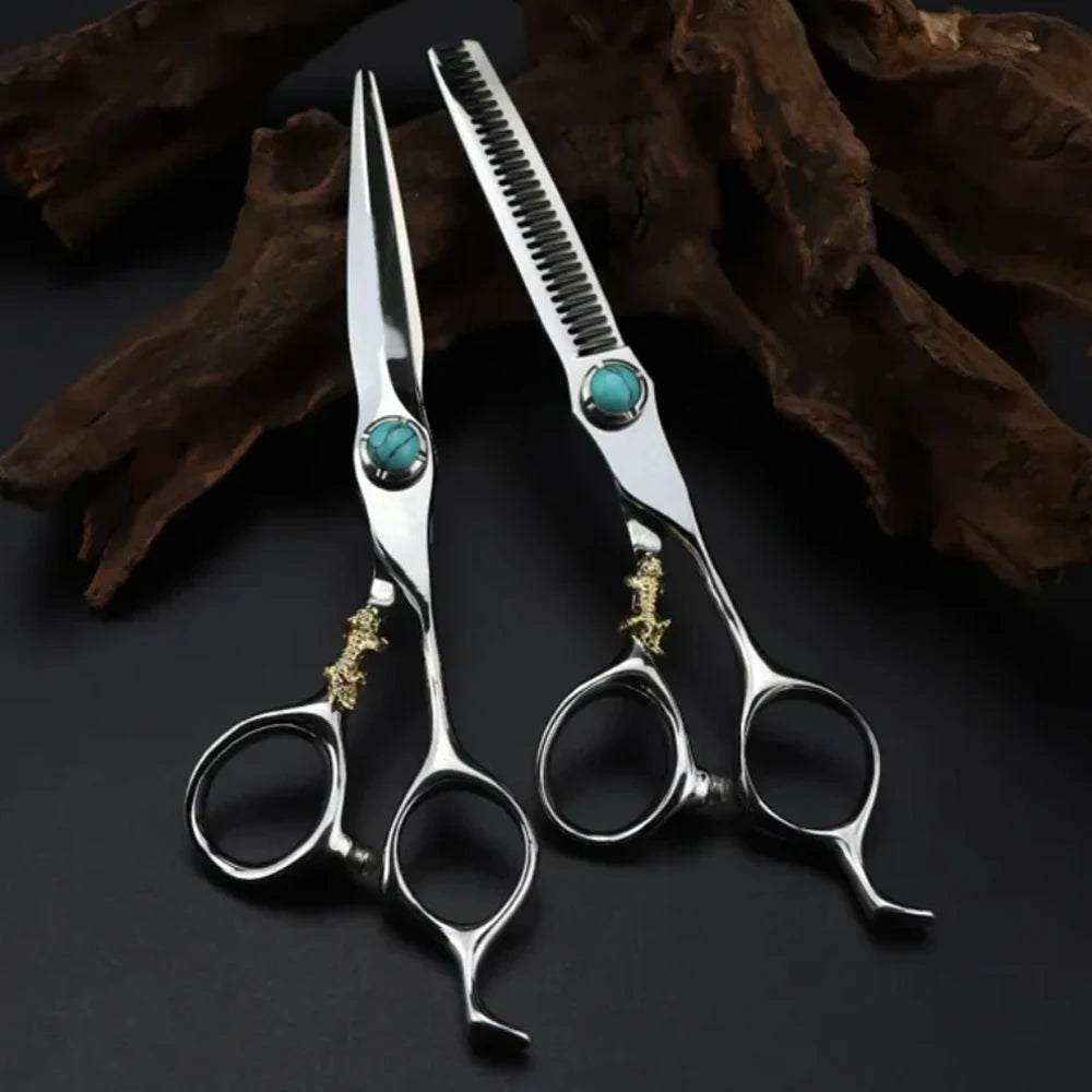 Professional 440c Steel 6'' Green Gem Hairdresser Scissors Tiger Haircut Thinning Shears 2pcs Professional Barber Tools