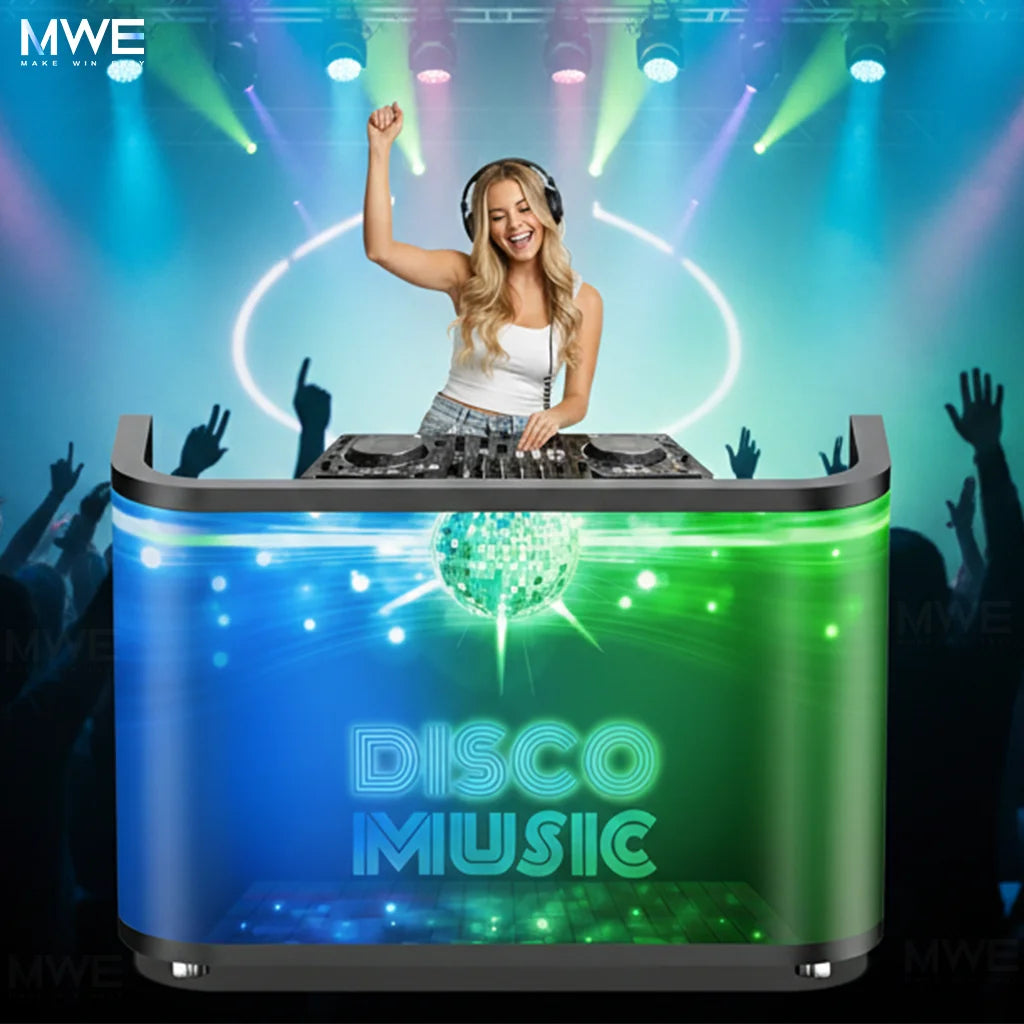 MWE LED P2.5 Flexible Screen DJ Booth Reception Desk App Control High-Brightness Mobile Rolling Lockable Wheels Easy Content