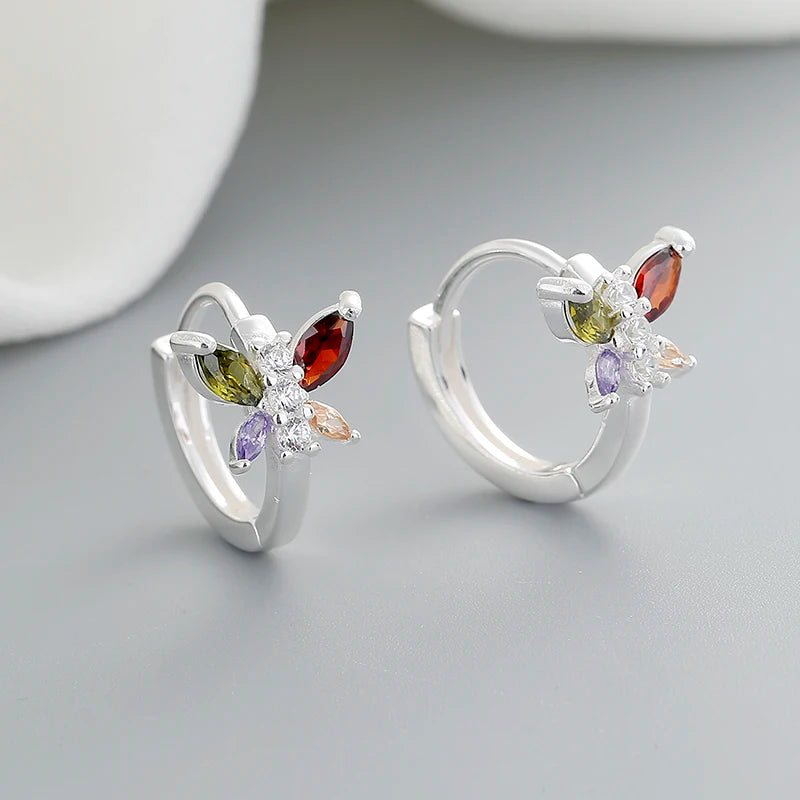 Fashion Jewelry for Ladies Cubic Zirconia Colorful Butterfly Pattern 925 Silver Huggies Earrings