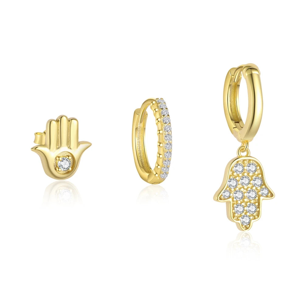 Statement Jewelry 925 Sterling Silver Hamsa Fatima Hand Zircon Stud Hoop Dangle Drop Earrings Sets for Women