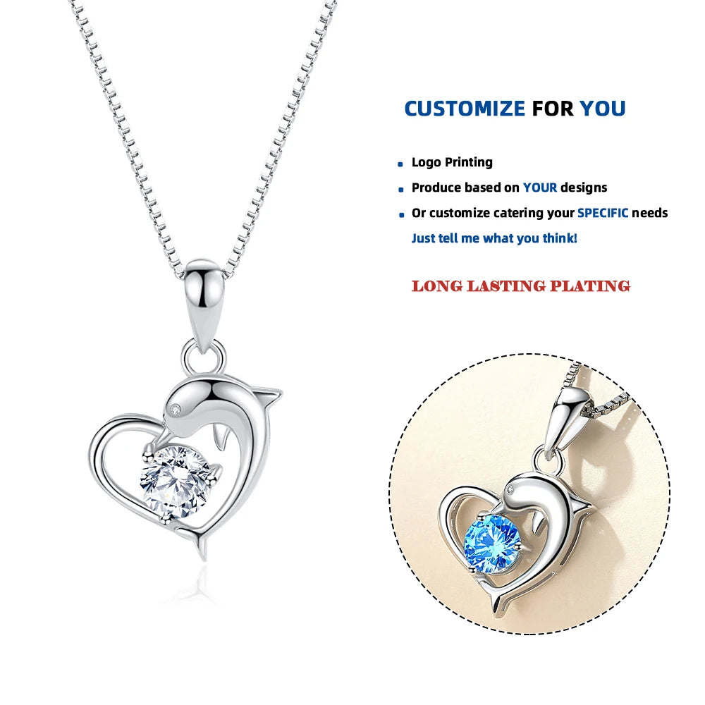 D336 Luxury Ocane 925 Sterling Silver Blue Heart CZ Dolphin Heart Necklace Pendant Women Fine Jewelry Charm (Excluding Chain) MegaBDM