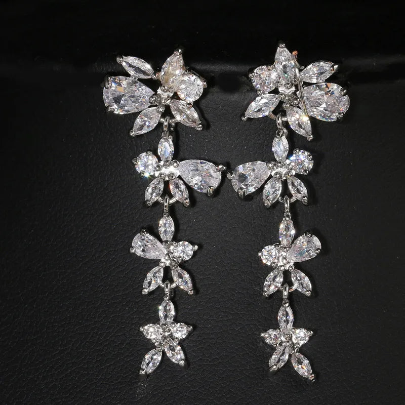 MOQ 2pcs Wholesale Stainless Steel Gold Plated Women Wedding Bridal Cubic Zirconia Clear Gemstone Classic Drop Earrings Gift