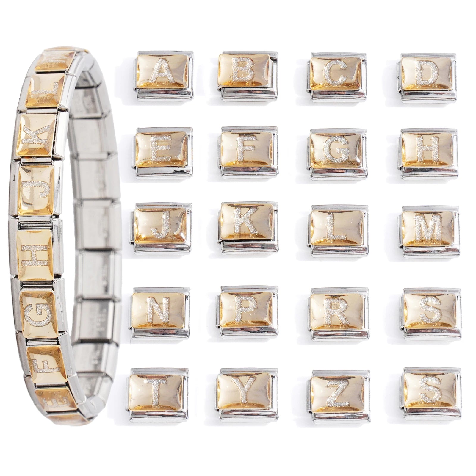Wholesale Initials with Diamond Gold Stainless Steel Italian Charm Bracelet Letters Charm Link DIY Italian Charms Bracelet