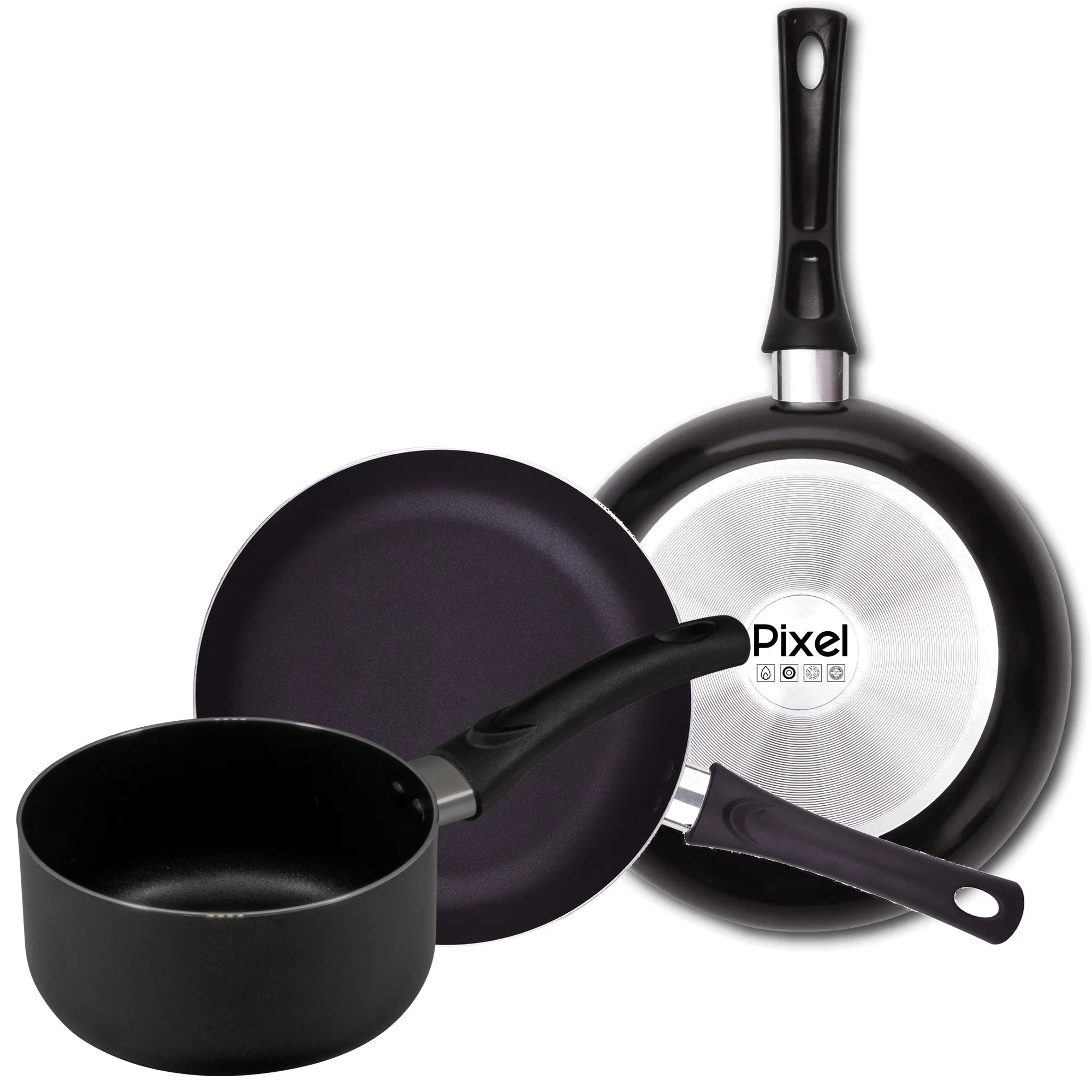Pixel 3-piece set: Saucepan 16 and 2 frying pans: 20 and 24 cm pressed aluminum