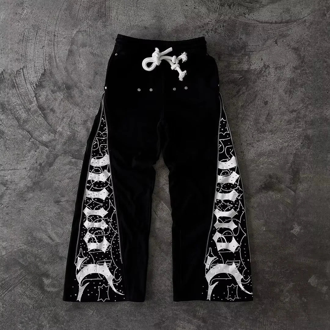 Custom Rivet Flare Men's Drawstring Sweatpants Rhinestones Heavy Cotton French Terry Winter Hip Hop Jogger Track Pants