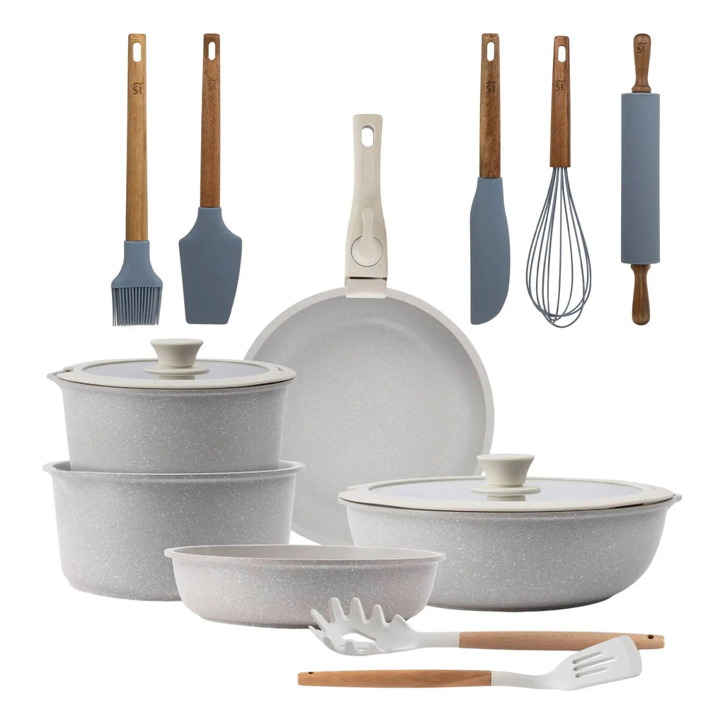 10-Piece Beige Cookware Set with Removable Handles 3 Frying Pans 2 Saucepans Lids and Utensils + Set of 5 Silicone and
