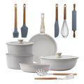 10-Piece Beige Cookware Set with Removable Handles 3 Frying Pans 2 Saucepans Lids and Utensils + Set of 5 Silicone and