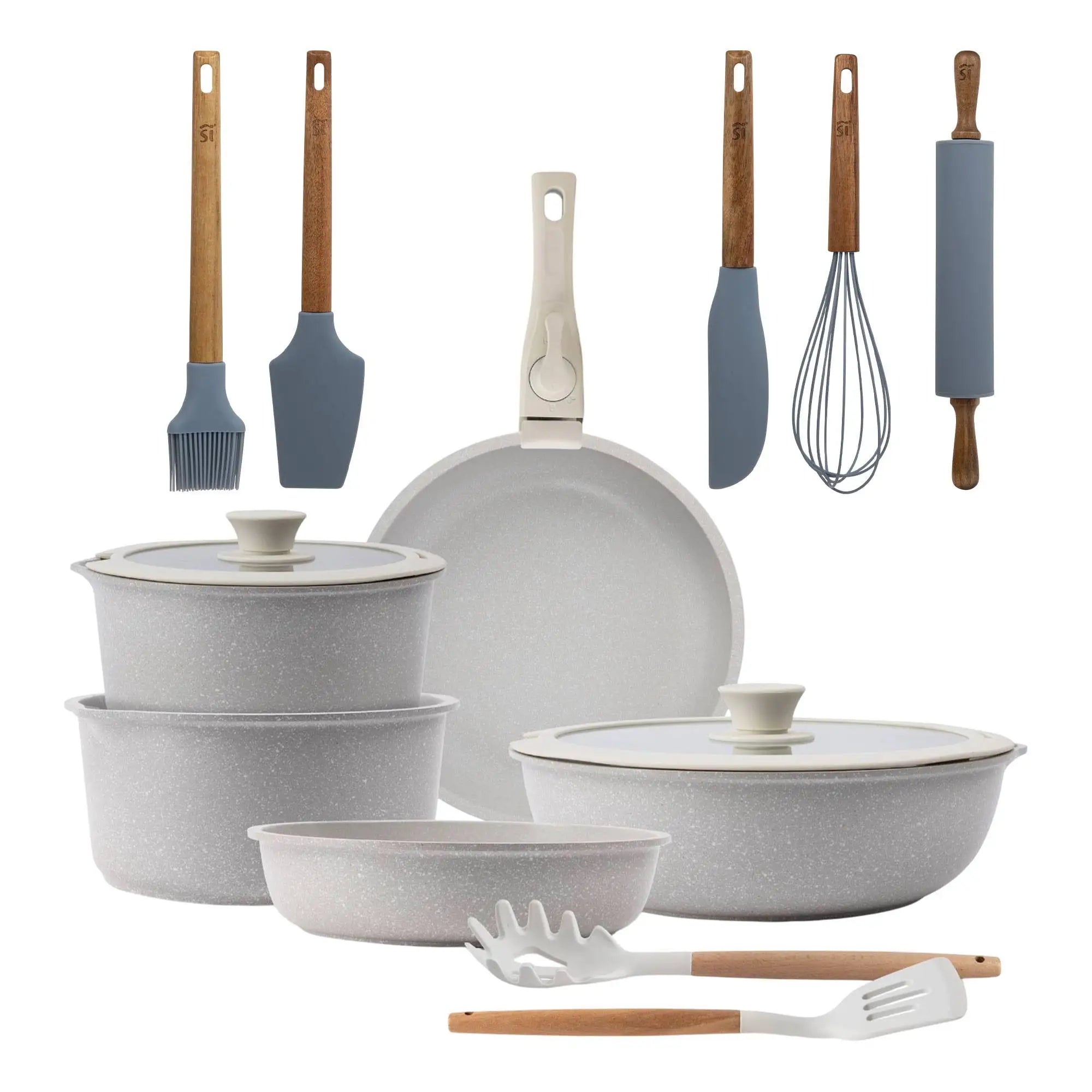 10-Piece Beige Cookware Set with Removable Handles 3 Frying Pans 2 Saucepans Lids and Utensils + Set of 5 Silicone and