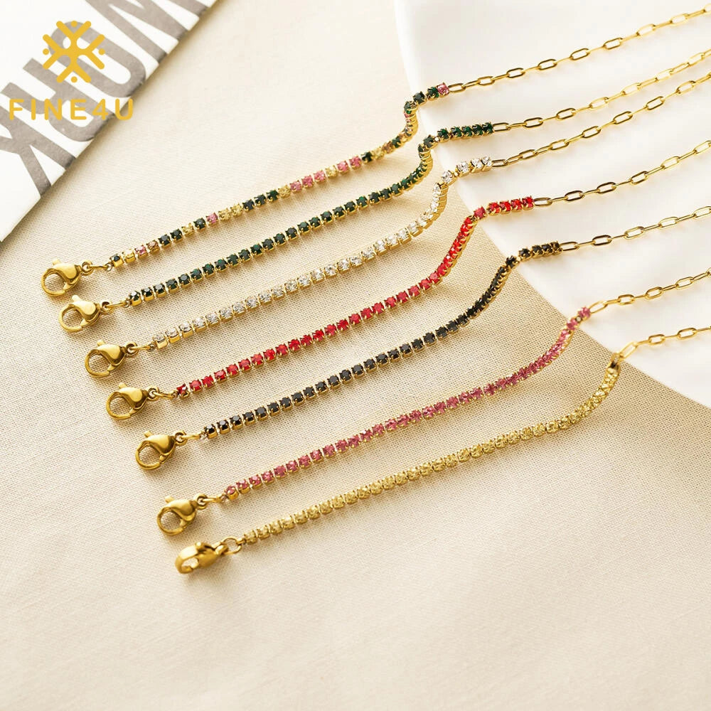 Fashion Paper Clip Chain with Colorful Cubic Zirconia Tennis Bracelets Waterproof Stainless Steel CZ Bracelets for Women