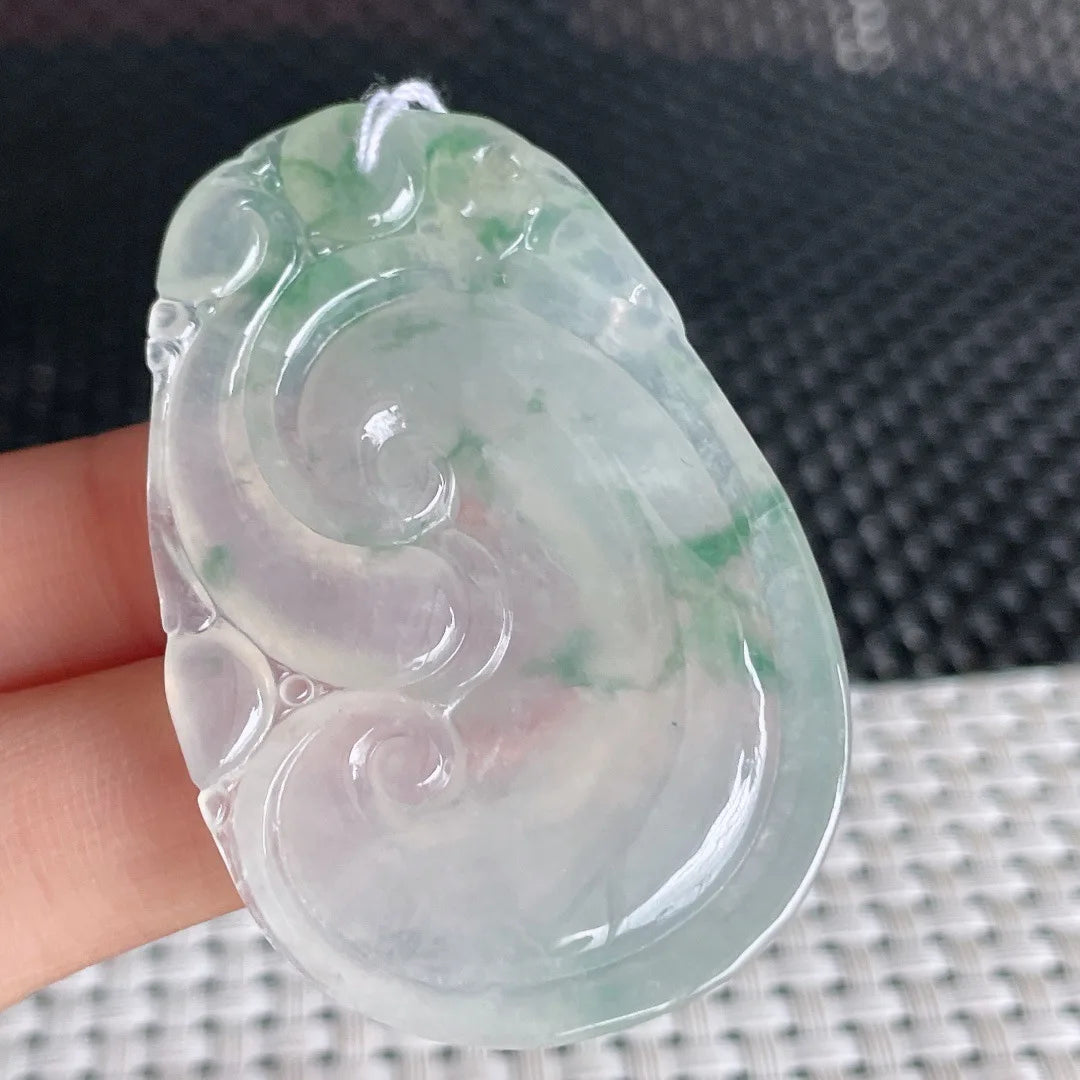 Myanmar Natural a Type Jadeite Jade Pendant Ice-Like Floating Flowers Ruyi Emerald Pendant 17.13