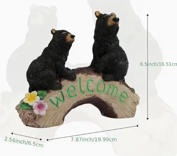 Black Bear Family Welcome Sign Garden Statue Resin Bear Figurine for Outdoor Decor
