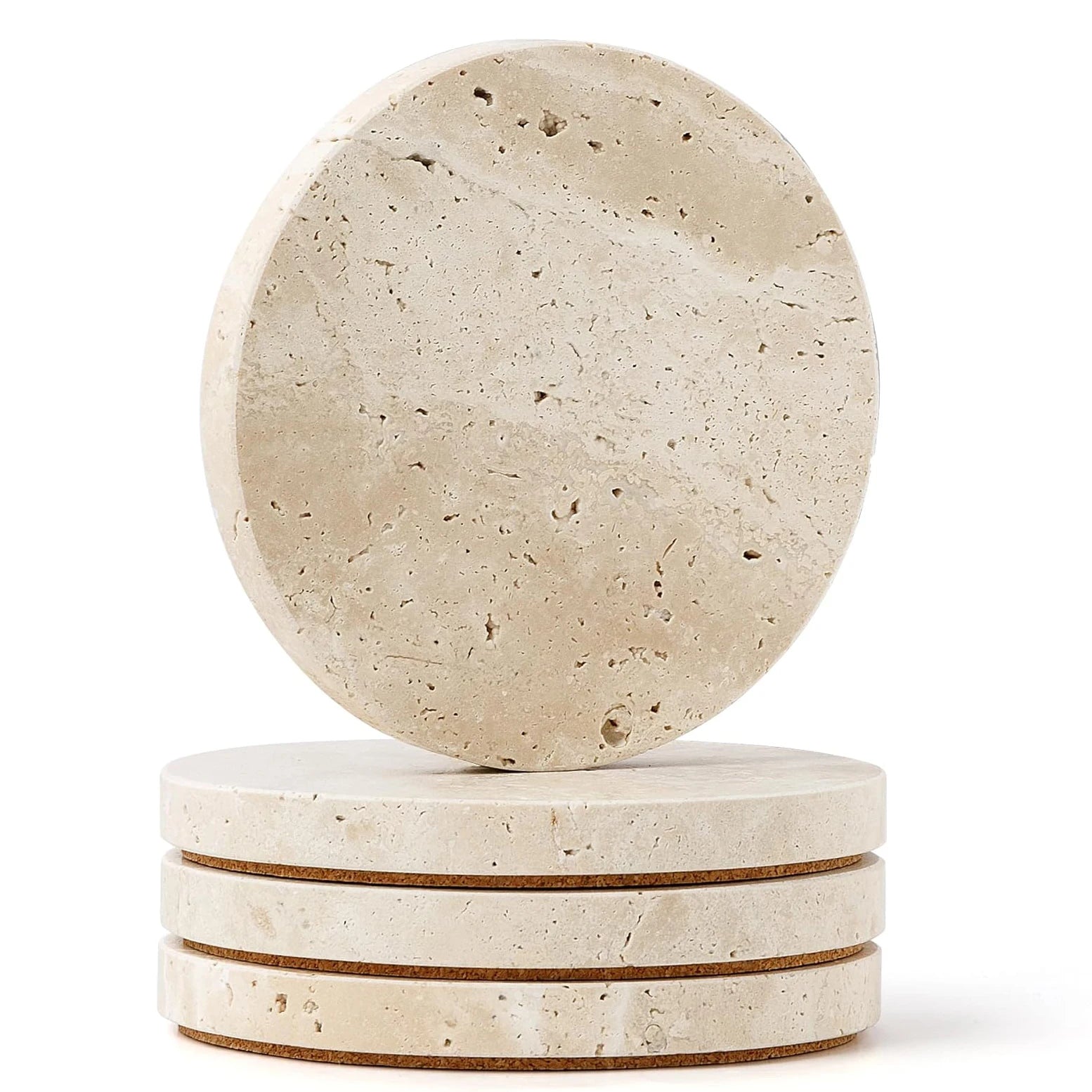 Nature Limestone Travertine Coasters Set Round Bar Coasters with Cork Pad for Housewarming Christmas Birthday Gift