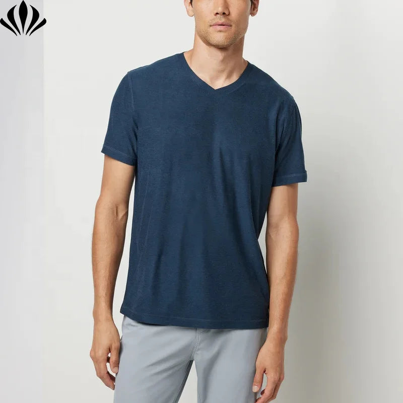 Wholesale Custom Four Way Stretch Comfort Polyester V Neck Tee T Shirts for Men