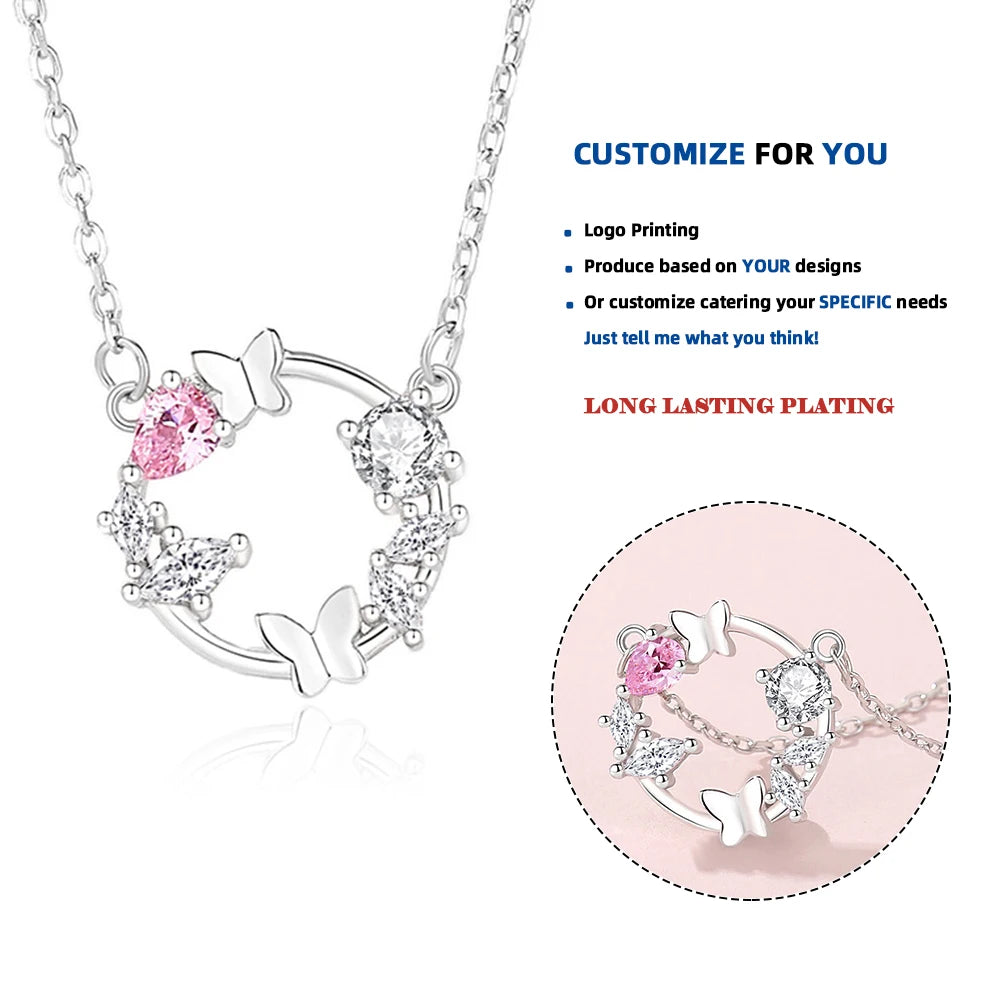 FDXZ-208 S925 Sterling Silver Bow Pendant Choker Women's Pink Zircon Butterfly Drop Diamond Necklace Garland Design Fine Jewelry