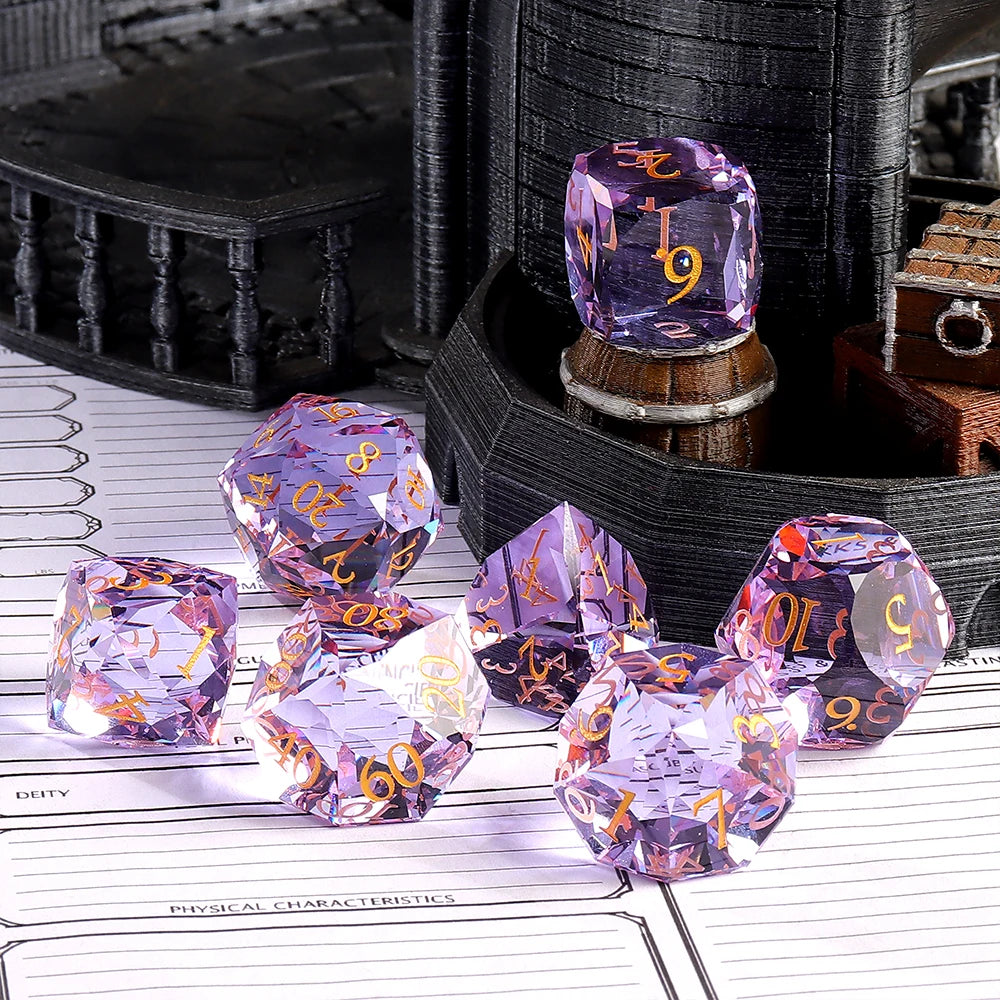 Purple Multifaceted DND 7 Piece K9 Crystal Glass Polyhedral Custom Dice Set RPG Dice for Dungeons Dragons Tabletop Games