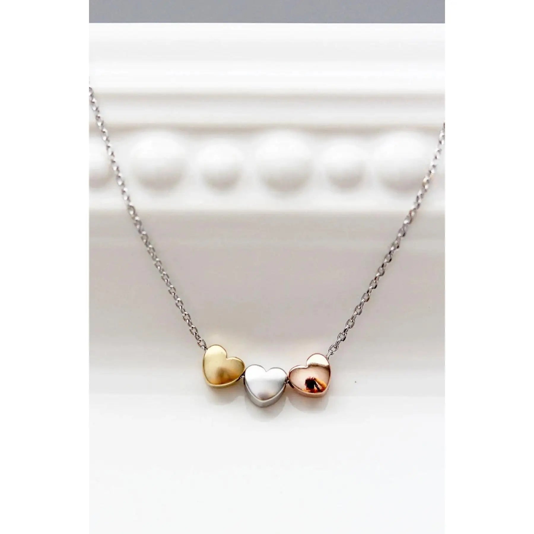 Azuris 925k Silver Beaded Necklace with Three Color Hearts Fashion Accessory From Turkey