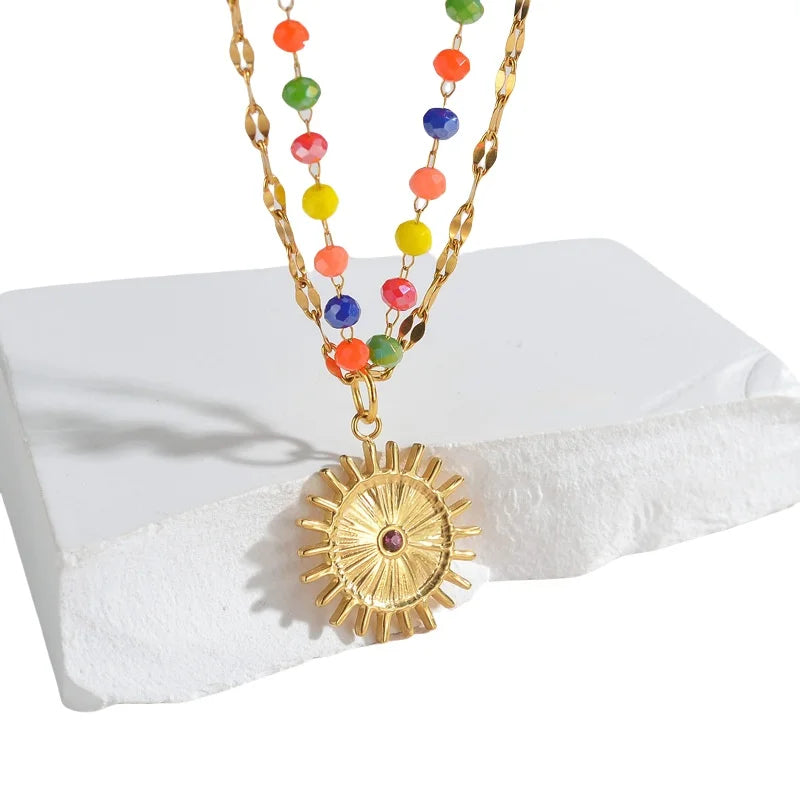 Fenyi Wholesale Jewelry Retro Fashionable Ladies Simple Double Layer Stacking Beaded Sunflower Pendant Necklace Clavicle Chain