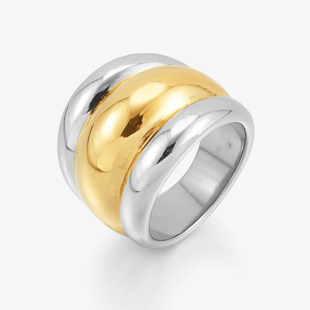 18K Gold Plated Stainless Steel Jewelry Double Layered Geometric Two-Tone  Finger Ring Waterproof for Woman Ring R254472