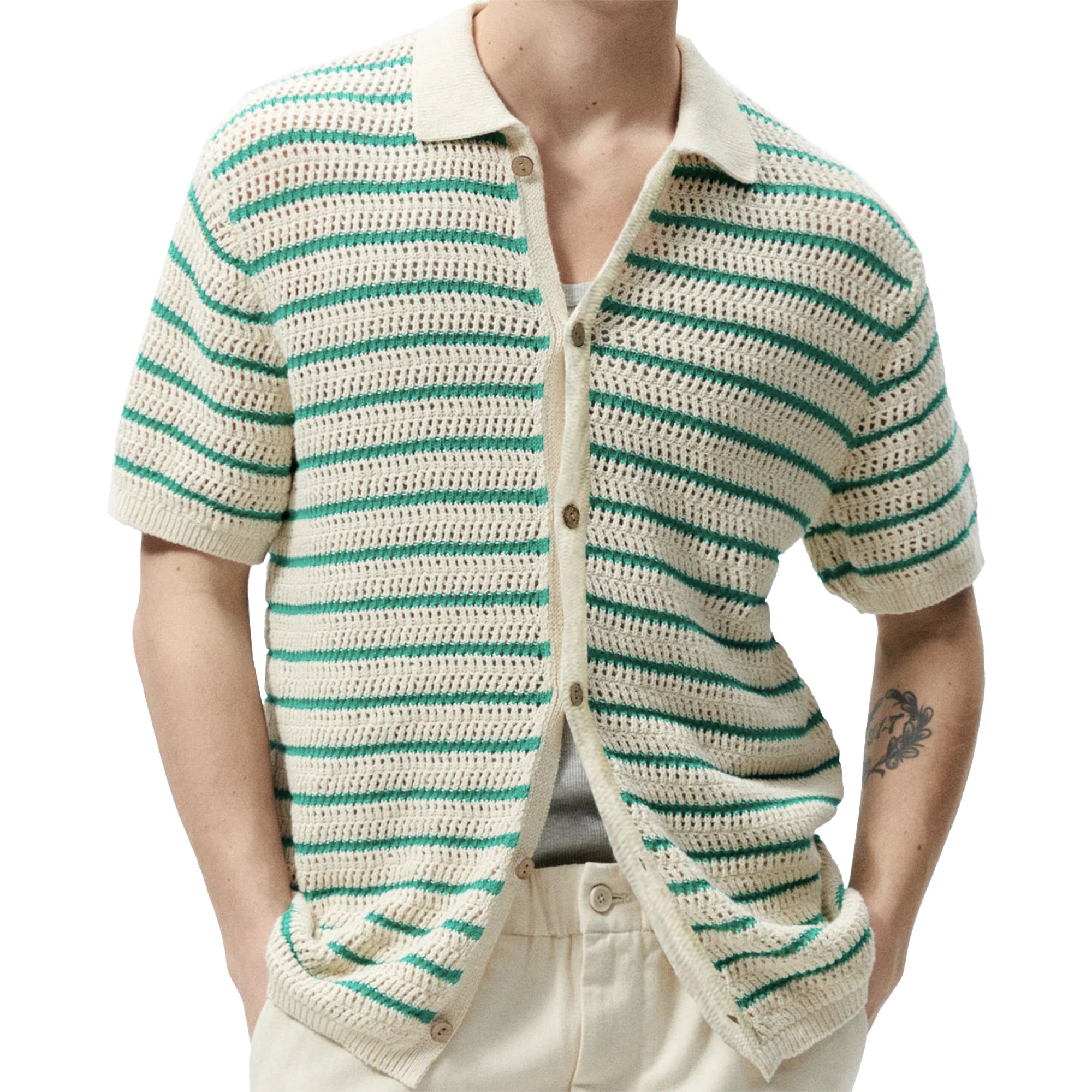 Custom Summer Cotton Logo Knit Cardigan Short Sleeve Button Down Men Knitwear Soft Knitted Top Crochet Shirts