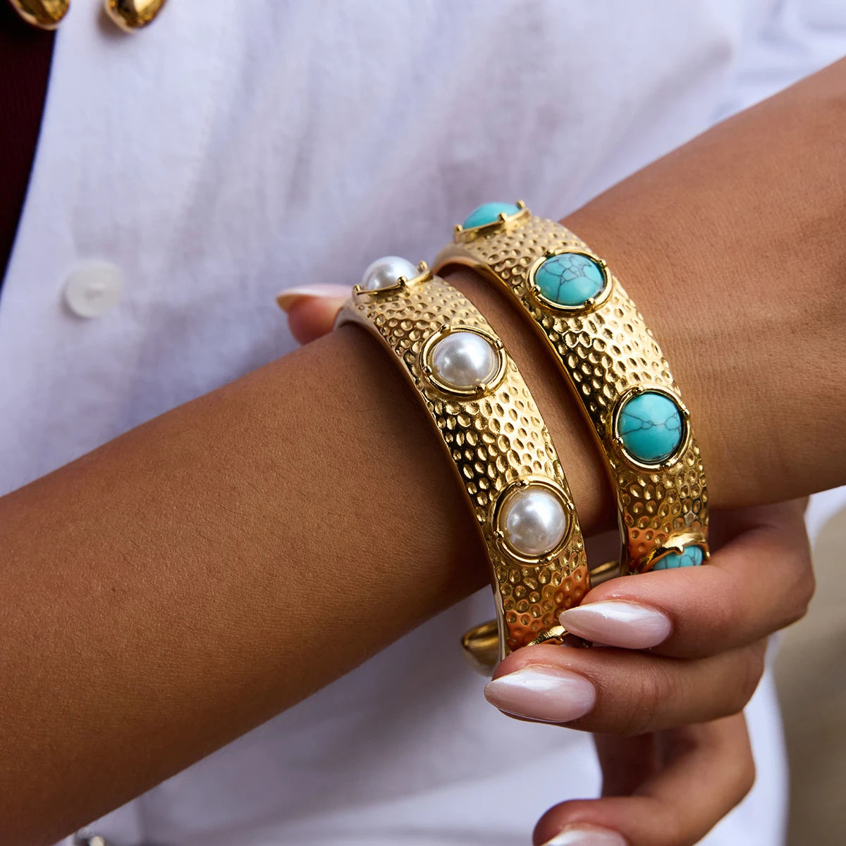 J&D Vintage 18K Gold Stainless Steel Turquoise Pearl Hammer Patterned Opening Bracelet