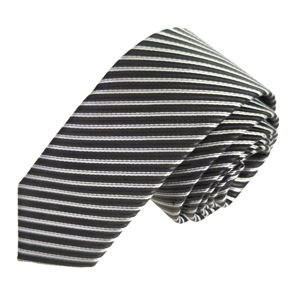 Black White Striped Jacquard Woven Slim Fashion Tie