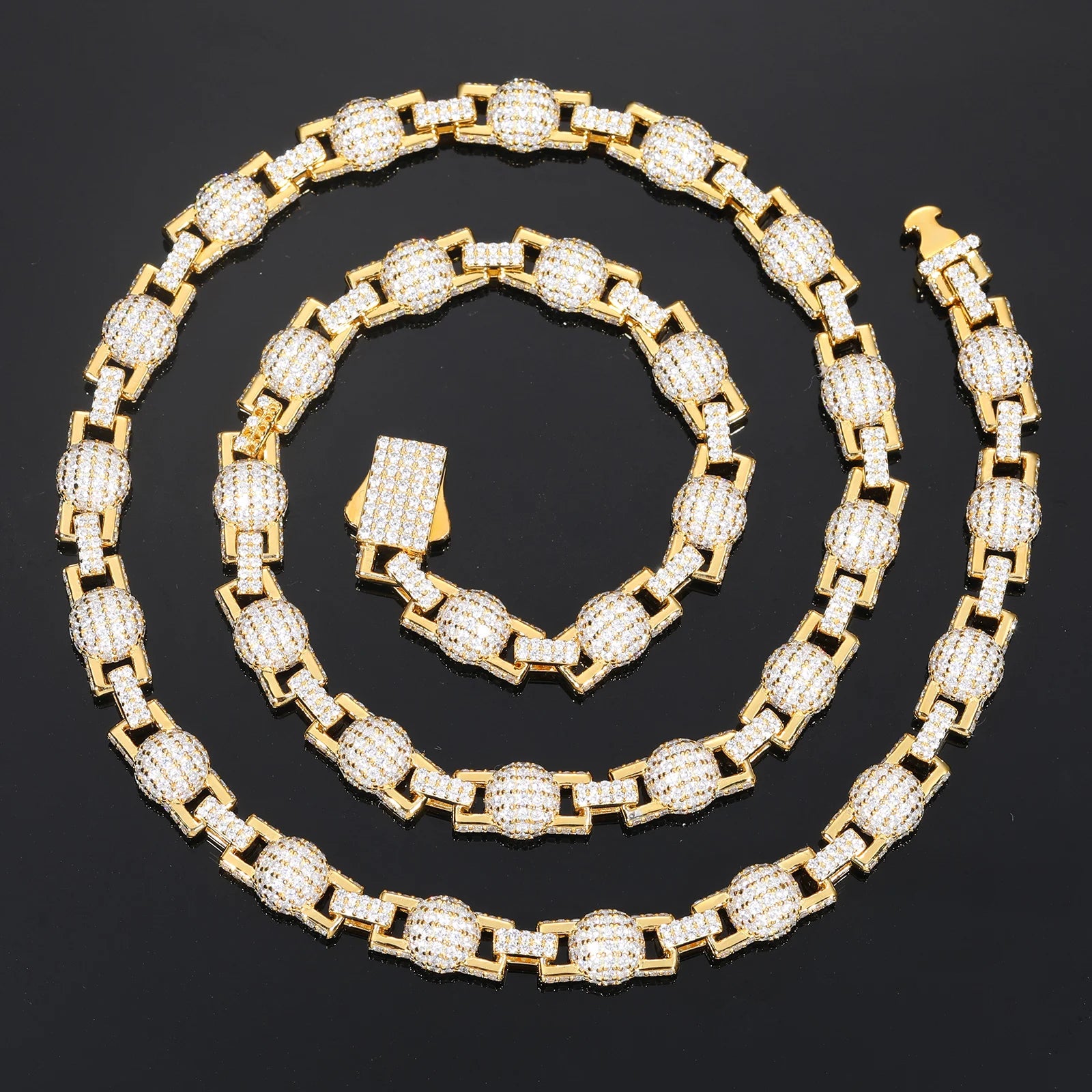 14K Gold 7mm Fully Iced King Chain with Ball Accents Spring Clasp Cuban Link Chain 925 Sterling Silver and VVS Moissanite