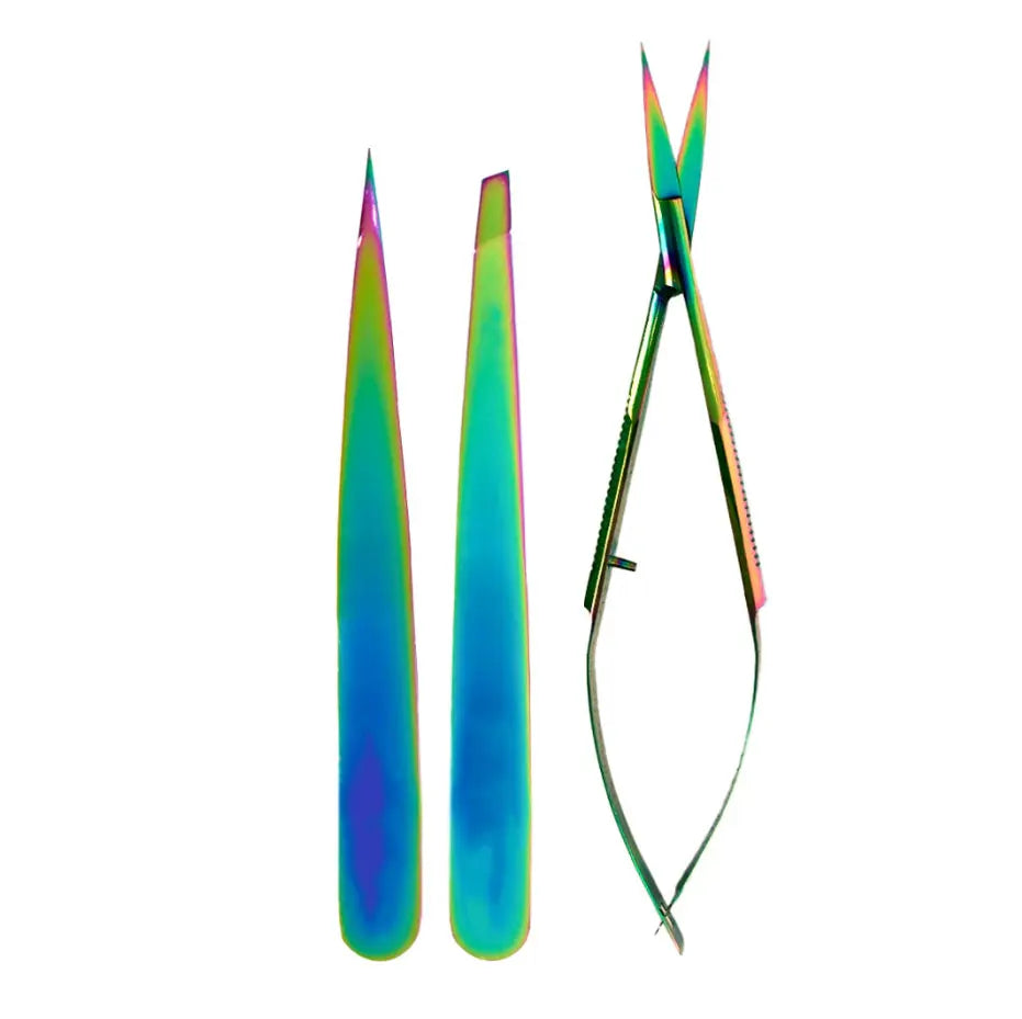 Professional Surgical Grade Stainless Steel Anti-Static Durable Eyebrow Tweezers Scissors Set 3-Piece Premium Rainbow Finish