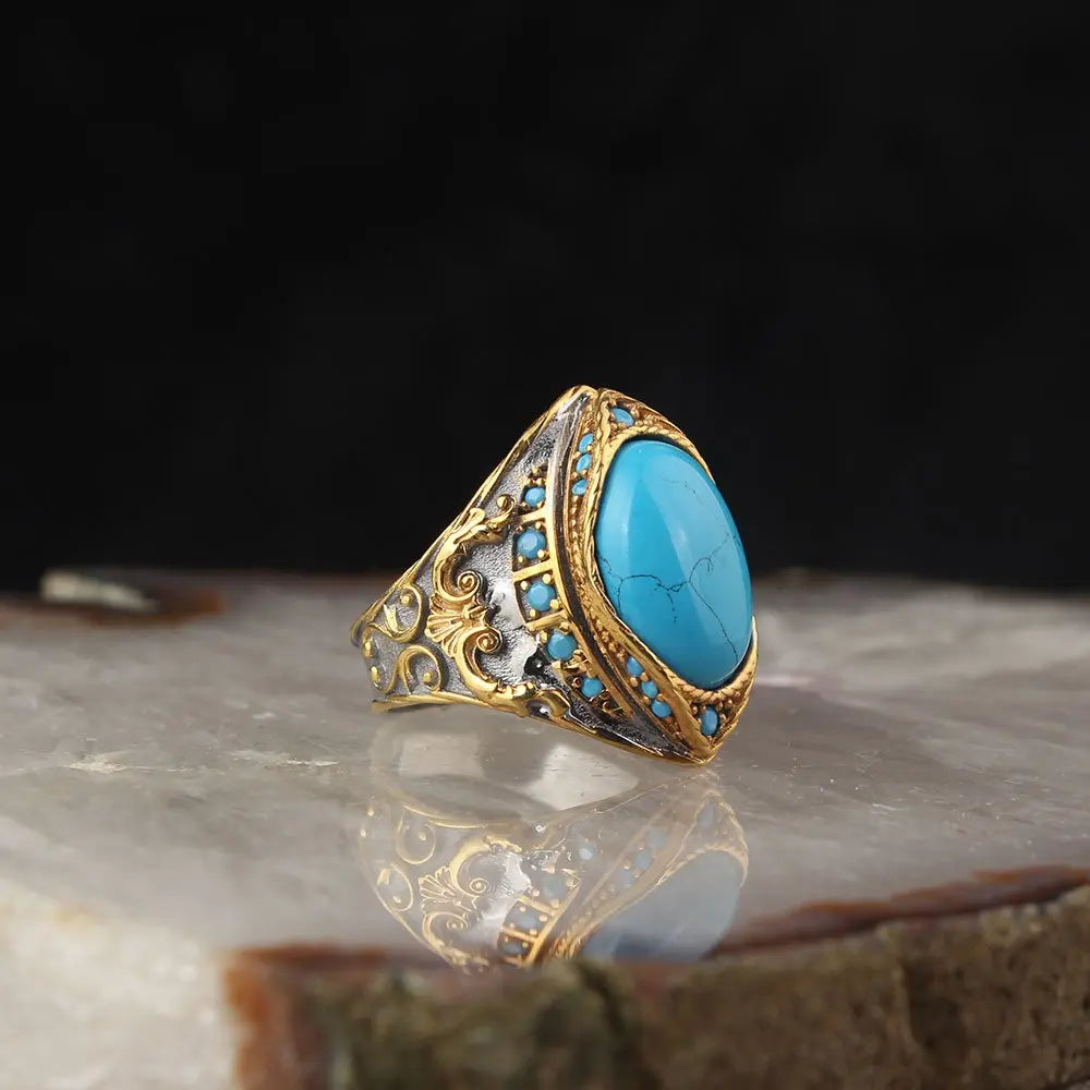 Ottoman Style Men's Ring Custom Logo 925 Sterling Bi-Color Rhodium & Gold Plating Fine Rings Turkey
