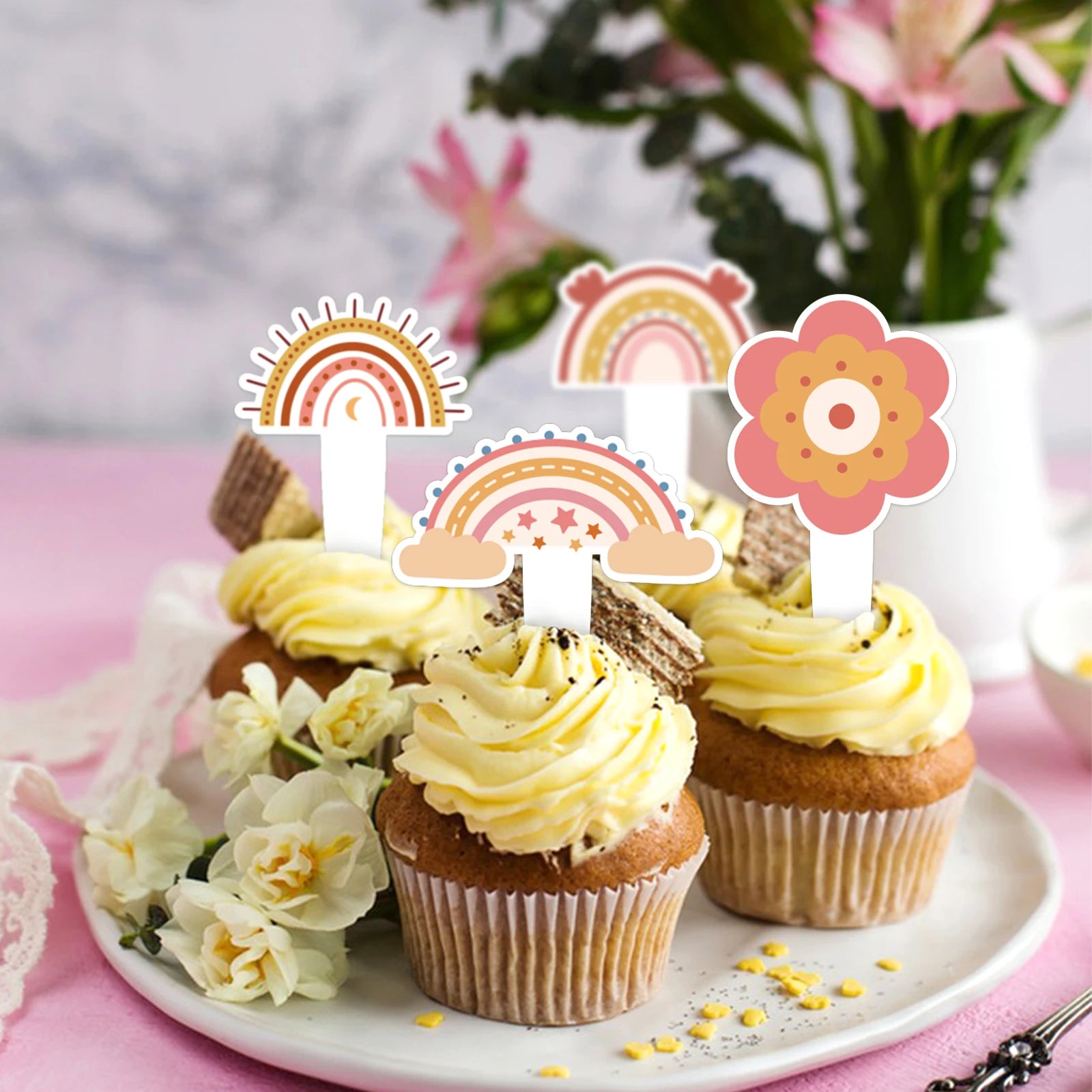 Creative Boho Rainbow Series Decoration Happy Cupcake Insert Card Banner Party Supplies Paper Cake Toppers
