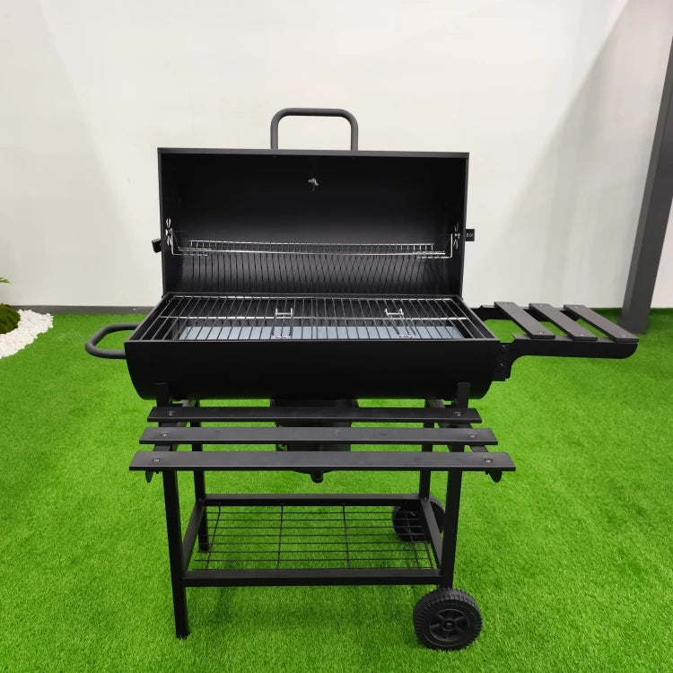Trolley Oil Drum Grills BBQ Outdoor Barbecue Grill Smoker Barrel Smoker Grill With 2 Table
