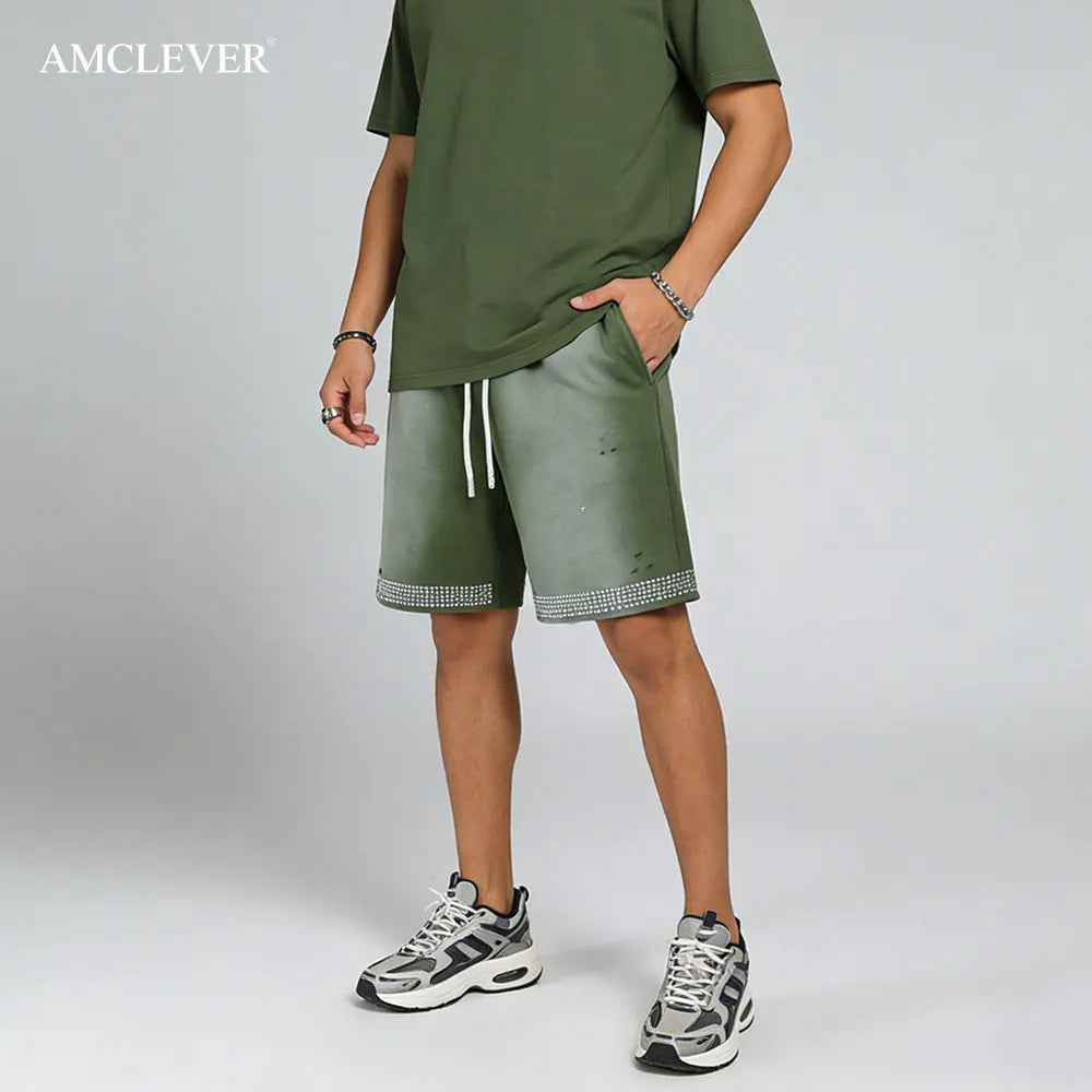 Oversized Casual Men's Shorts Vintage 330GSM 100% Cotton Straight Leg Summer Streetwear Custom Rhinestone Logo Athletic Pants