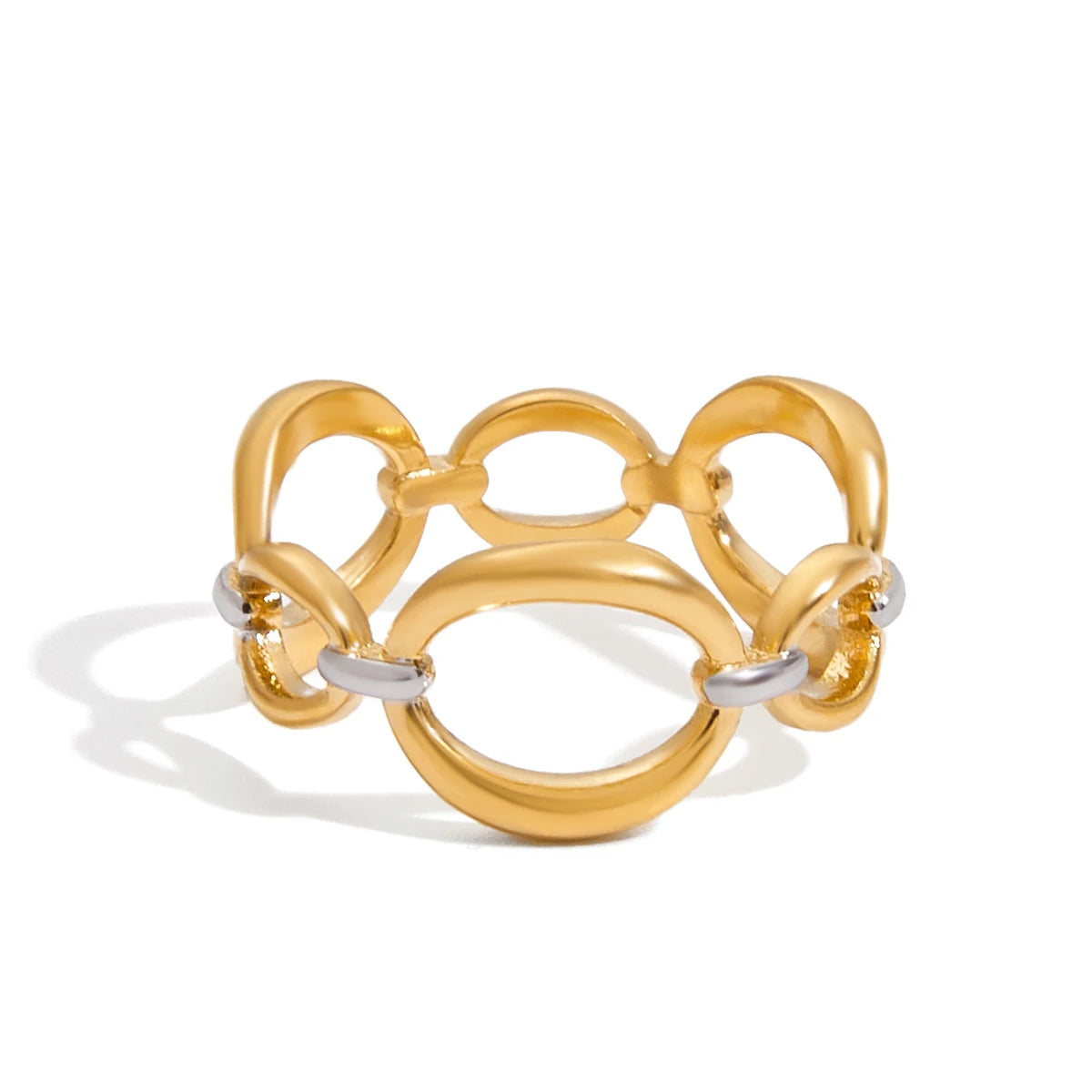 J&D 18K Gold Plated Stainless Steel Gold Silver Color Blocked O-shaped Hollow Ring Vintage Unisex Anniversary