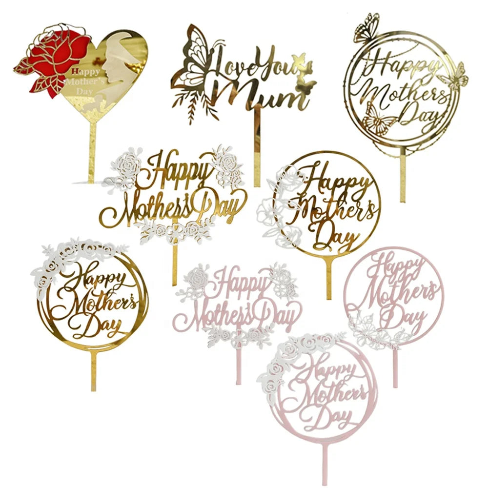 Butterfly Happy Mothers Day Gold Acrylic Letter Cake Decoration Topper Toppers for Mother's Party Cake Decor