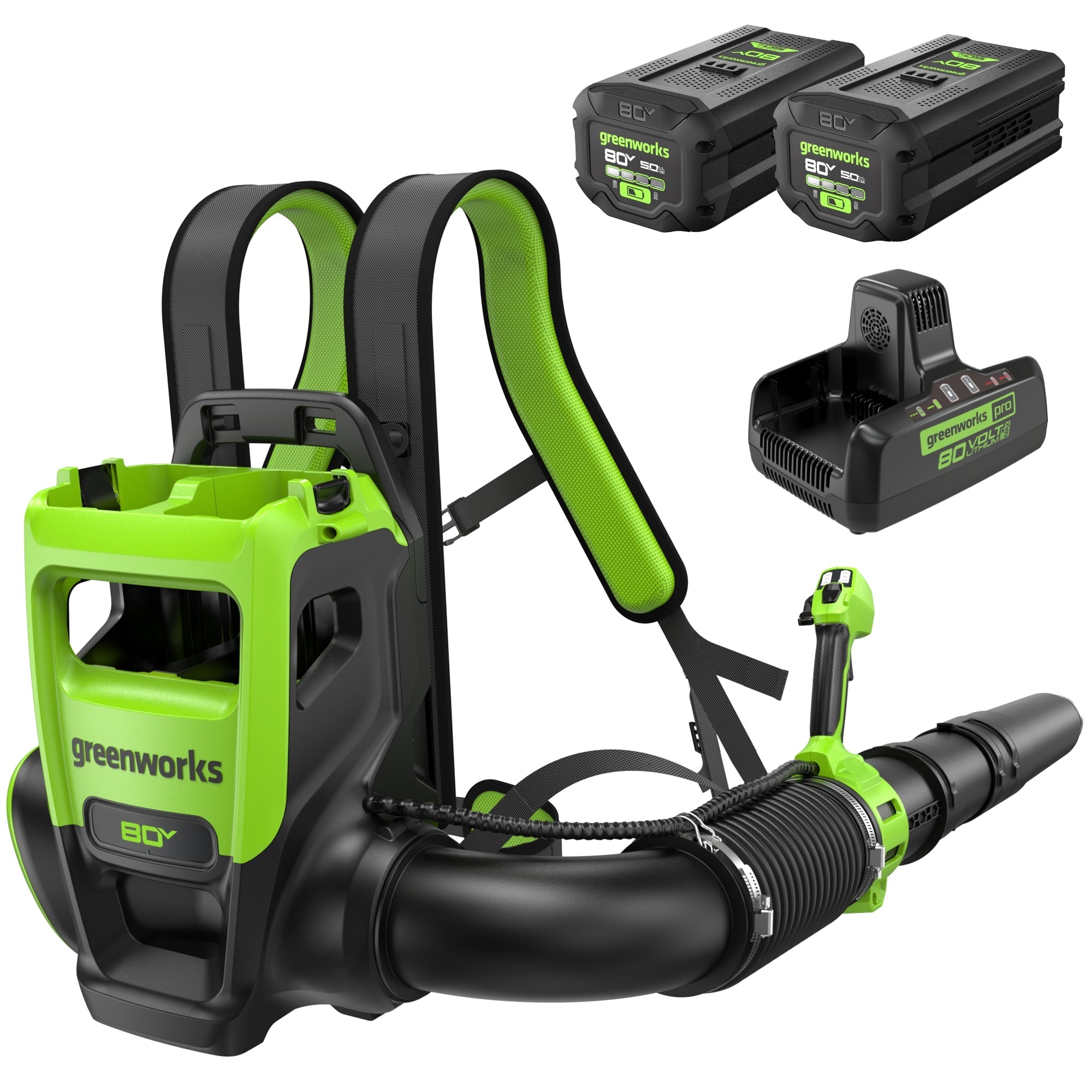 80V 800CFM Cordless Battery Dual-Port Backpack Blower: (2) 5Ah Battery and Dual-Port Rapid Charger MegaBDM