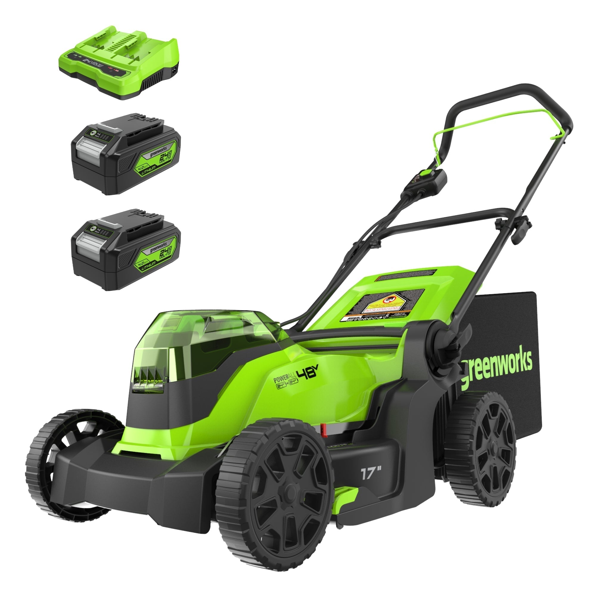 48V (24V x 2) 17" Cordless Battery Push Lawn Mower: (2) 4.0 Ah Batteries and Dual-Port Charger, LM1702 MegaBDM