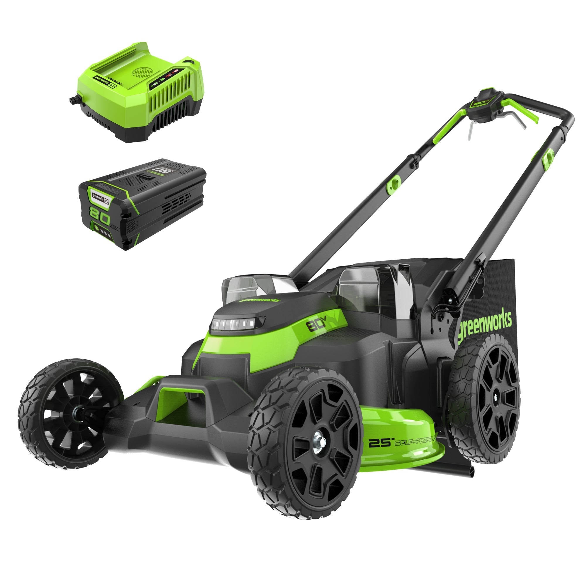 80V 25" Cordless Battery Dual Blade Self-Propelled Mower: 5.0 Ah Battery and Rapid Charger, LM2508S MegaBDM