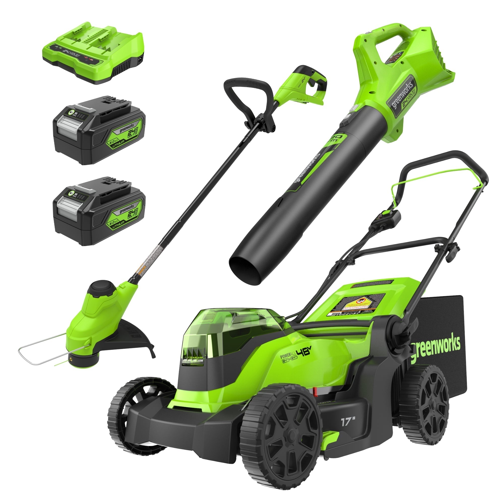 48V (24V x 2) 17" Push Cordless Lawn Mower, 320CFM Leaf Blower and 12" String Trimmer Combo Kit: (2) 4.0 Ah USB Batteries MegaBDM
