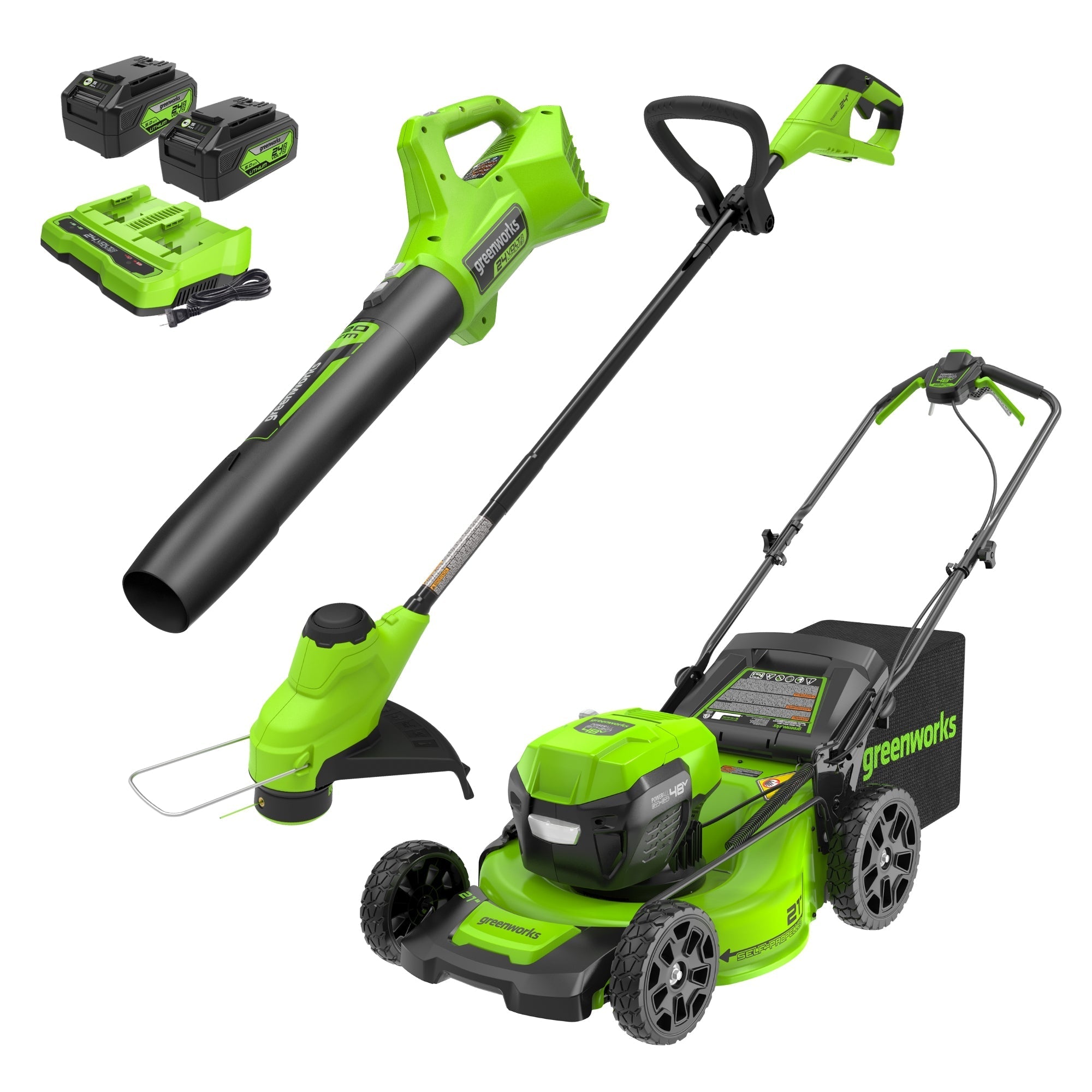 48V (24V x 2) 21" Cordless Battery Self-Propelled Mower, 12" String Trimmer and 320 CFM Blower Combo Kit: (2) 5.0Ah Batteries and Chargers MegaBDM
