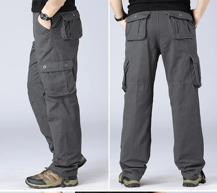 Men's 100% Cotton Tactical Cargo Pants Safari Work Trousers with Multi-Pocket Loose Outdoor Hiking Sports Overalls