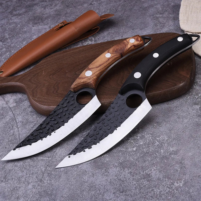 Professional Chinese Hand Forged Meat Cutting Cleaver  Hammered Pattern Meat Boning Knife Butcher Wood Handle Butcher Knife