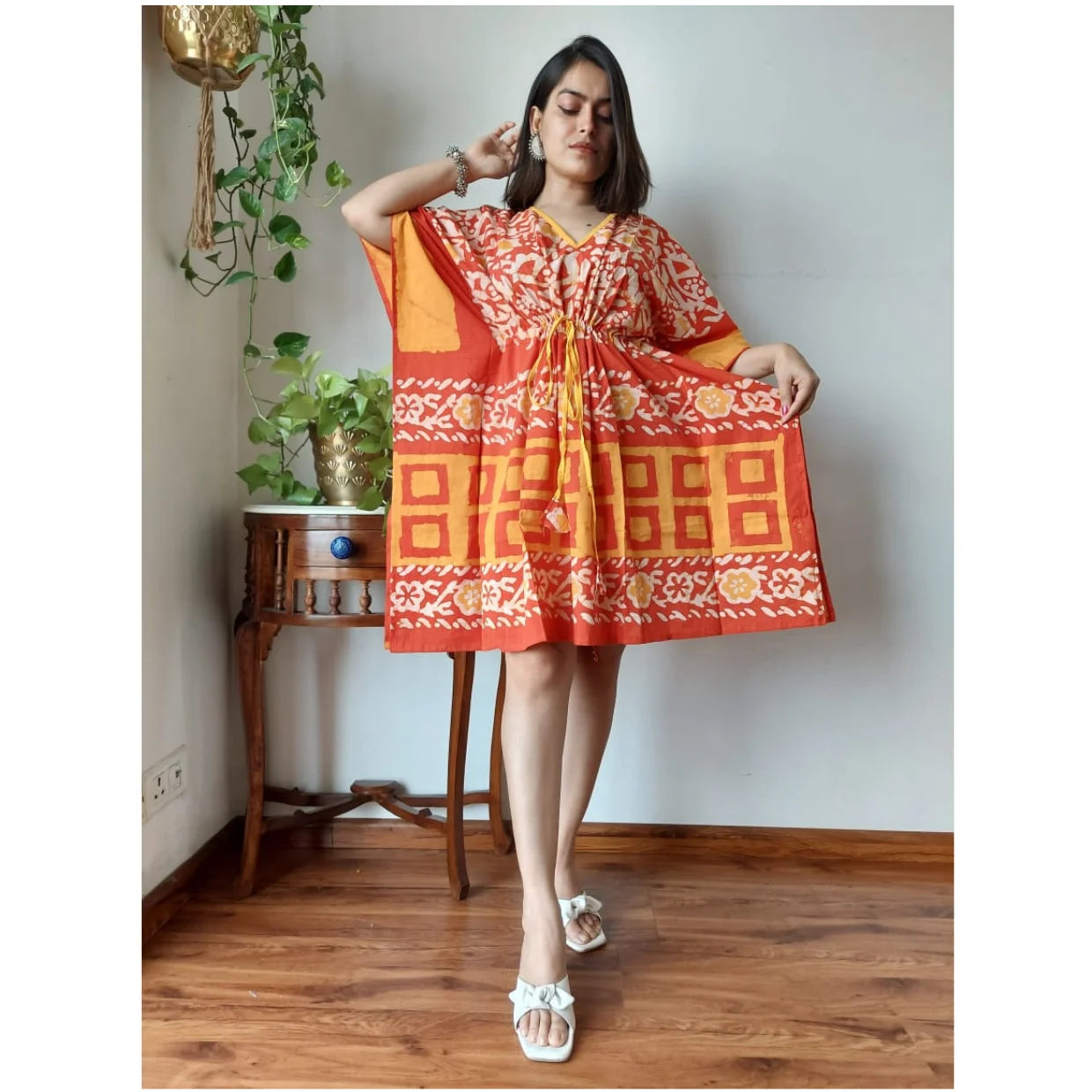 Custom made Lightweight Cotton Short Kaftan Dress-Batik Print V-Neck Bohemian Style suitable for boutique clients and resellers