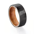 POYA Jewelry 8mm Black Tungsten Hammered Ring Whiskey Barrel Oak Wood Inlay Vintage Eternity Style for Wedding Engagement Gift