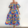 Summer New European Style Puff Sleeve Vacation Slim Dress Hottie High Waist Off Shoulder Printed Dress Custom OEM/ODM