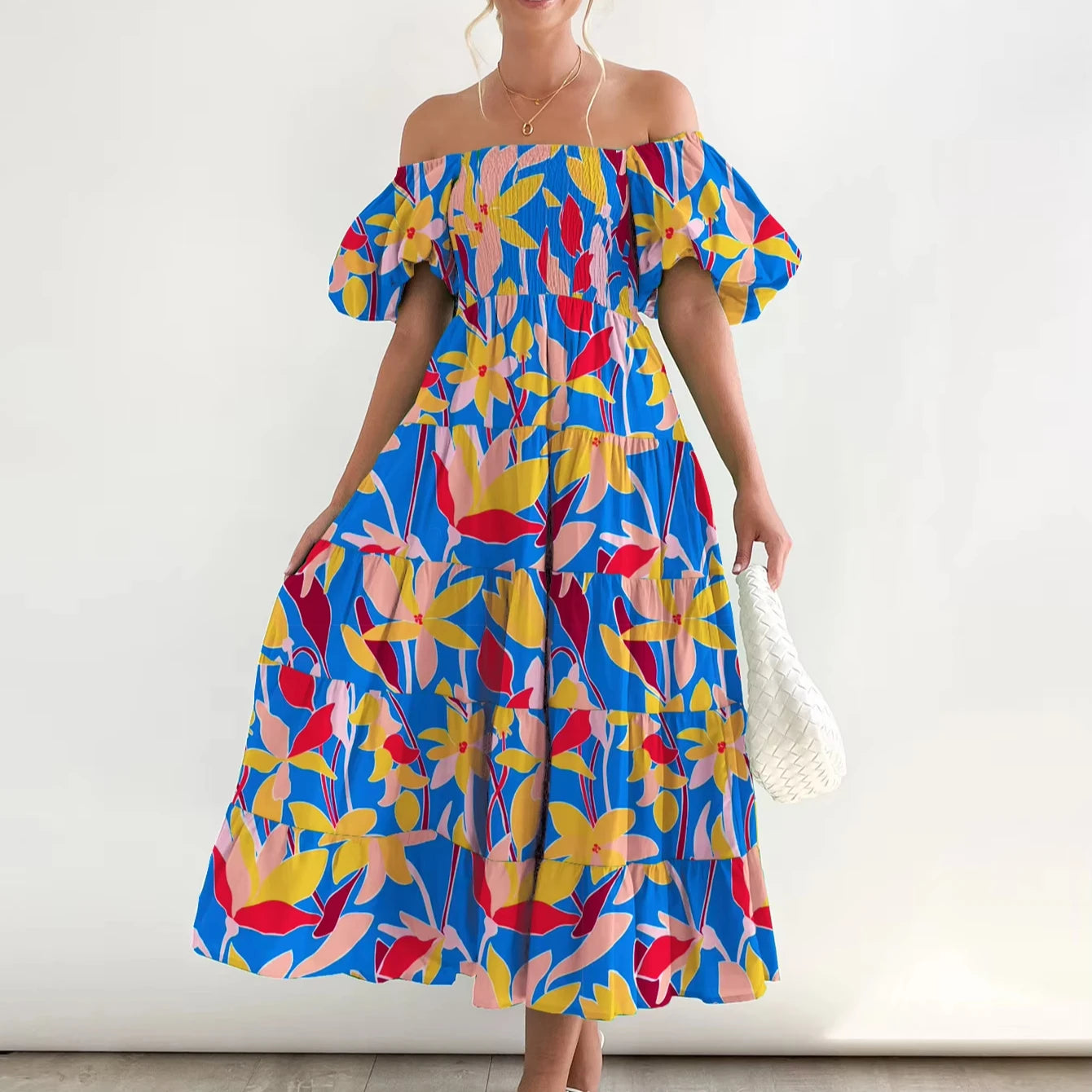 Summer New European Style Puff Sleeve Vacation Slim Dress Hottie High Waist Off Shoulder Printed Dress Custom OEM/ODM